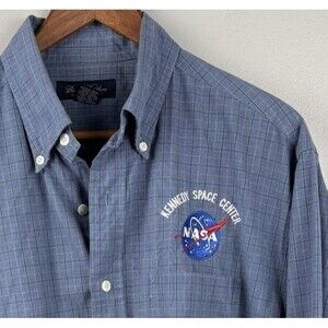 Brooks Brothers Men’s Large Shirt NASA Blue Check Dress Shirt Cotton Long Sleeve